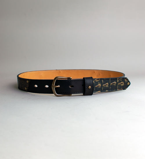 Black and bronze crocodile leather handmade belt 