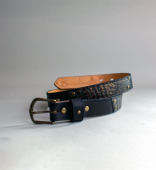 Black and bronze crocodile leather handmade belt 