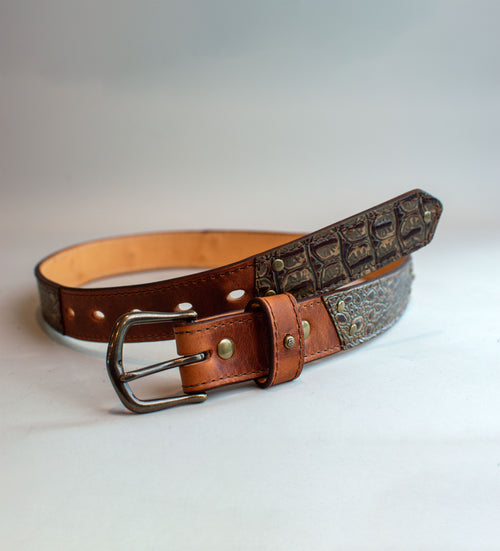 Tan and Brown crocodile luxury leather belt, handmade in the U.S
