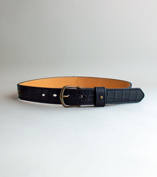 black on black alligator embossed luxury leather belt, handmade in the U.S