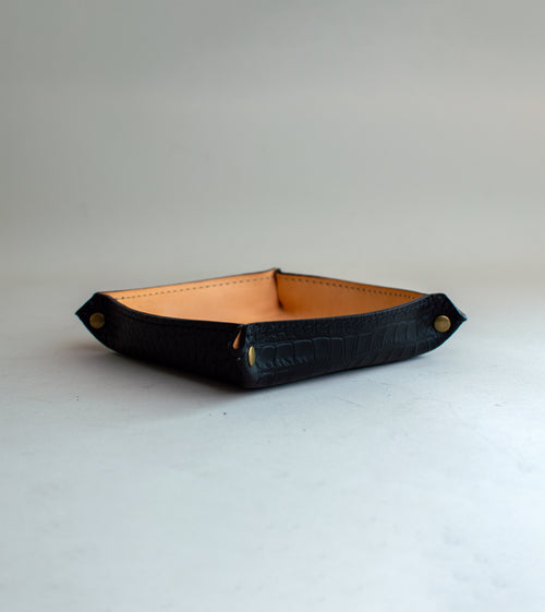 Black and natural luxury leather valet tray, handmade in the U.S