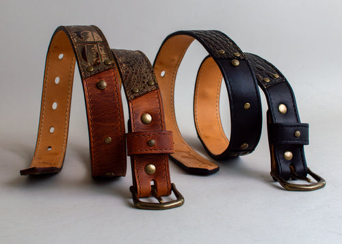 tan and brown alligator leather belt, and a black and bronze luxury alligator belt. handmade in the U.S by Duncan Maxwell