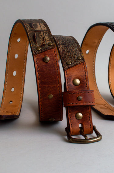 tan and brown alligator leather belt, and a black and bronze luxury alligator belt. handmade in the U.S by Duncan Maxwell