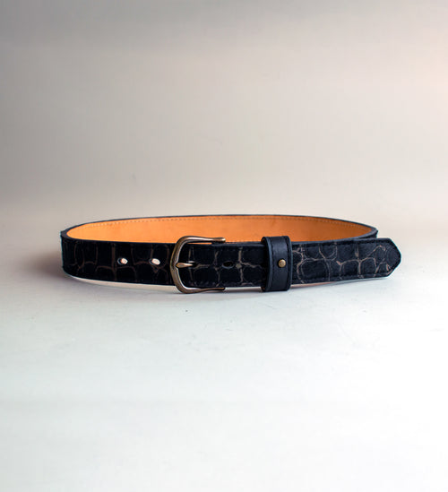 black and brown hair on hide crocodile embossed luxury leather belt, handmade in the U.S