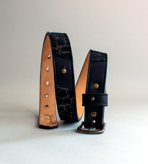 black and brown hair on hide crocodile embossed luxury leather belt, handmade in the U.S