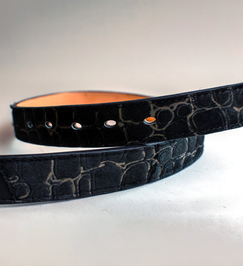 black and brown hair on hide crocodile embossed luxury leather belt, handmade in the U.S